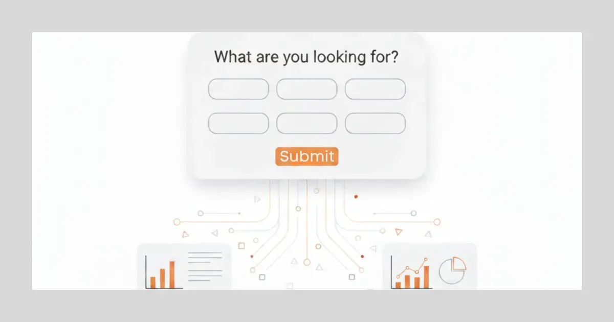 Minimal SaaS-style blog illustration of a discount survey popup, showing a clean rounded card with a headline ‘What are you looking for?’ three selectable options, a call-to-action button in brand color #e18b22, and subtle flowing shapes representing user responses being collected for zero-party data.